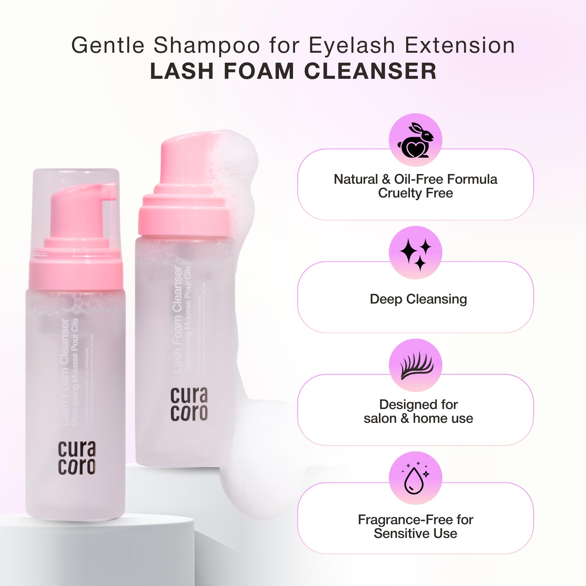 CURACORO lash-extension-safe cleanser used with extensions for safe maintenance.