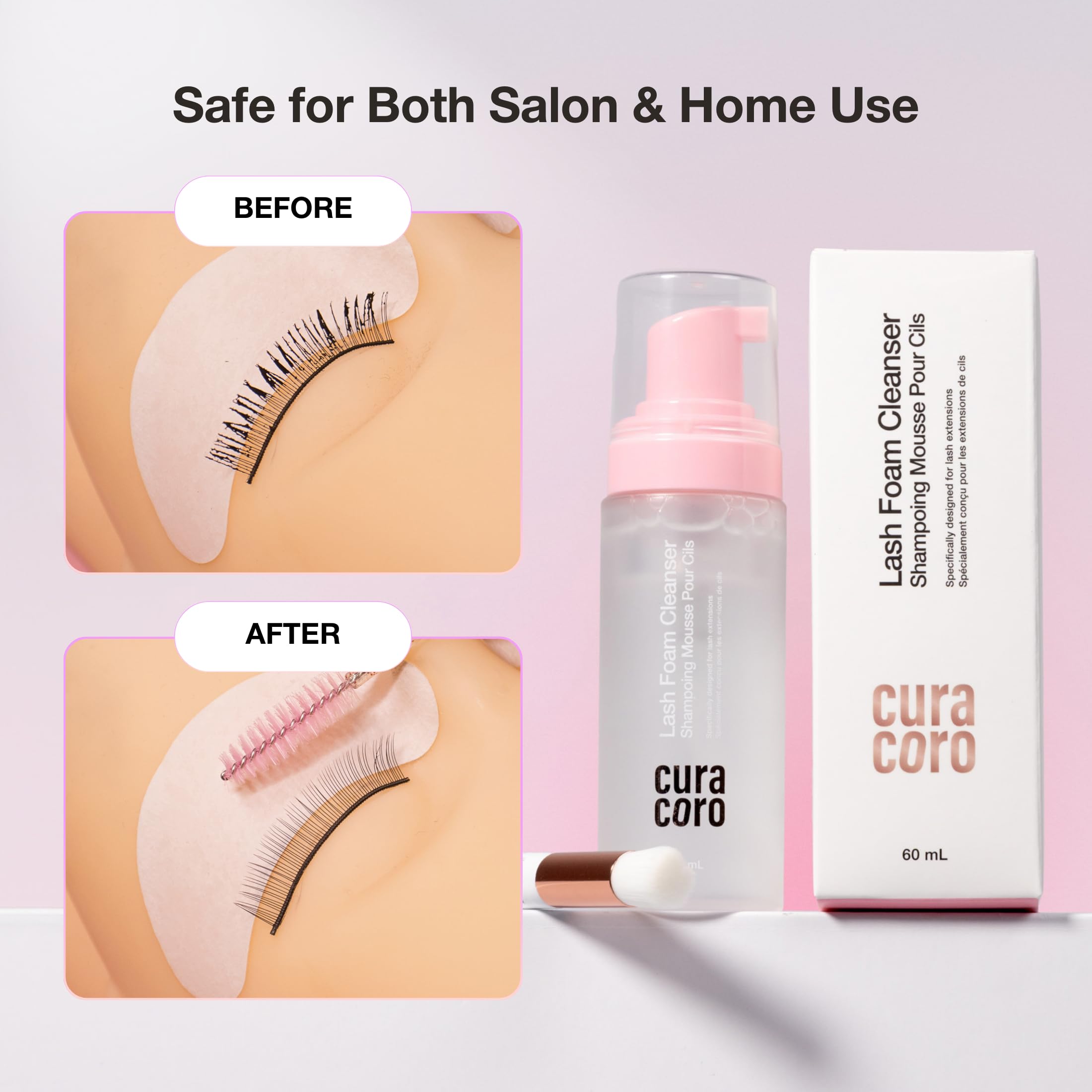 CURACORO lash-treatment-compatible cleaner supporting lifts and brow lamination aftercare.