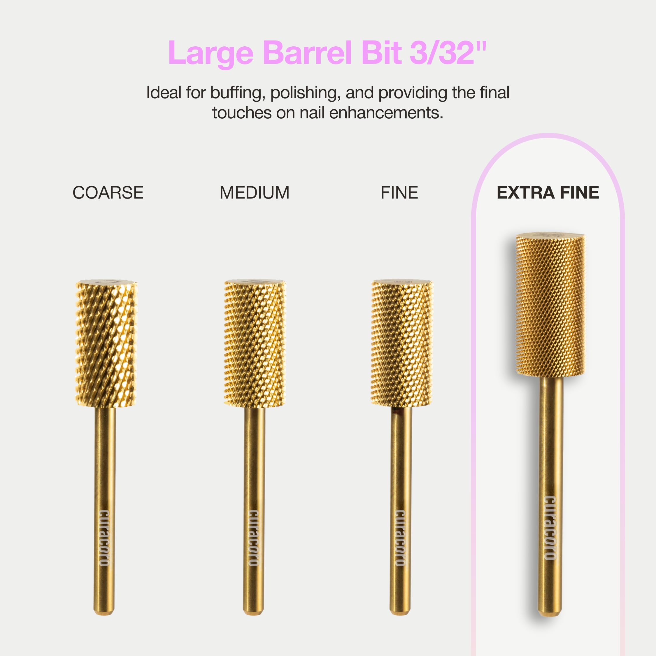 Curacoro carbide bit promotes heat dissipation for comfortable, extended sessions.