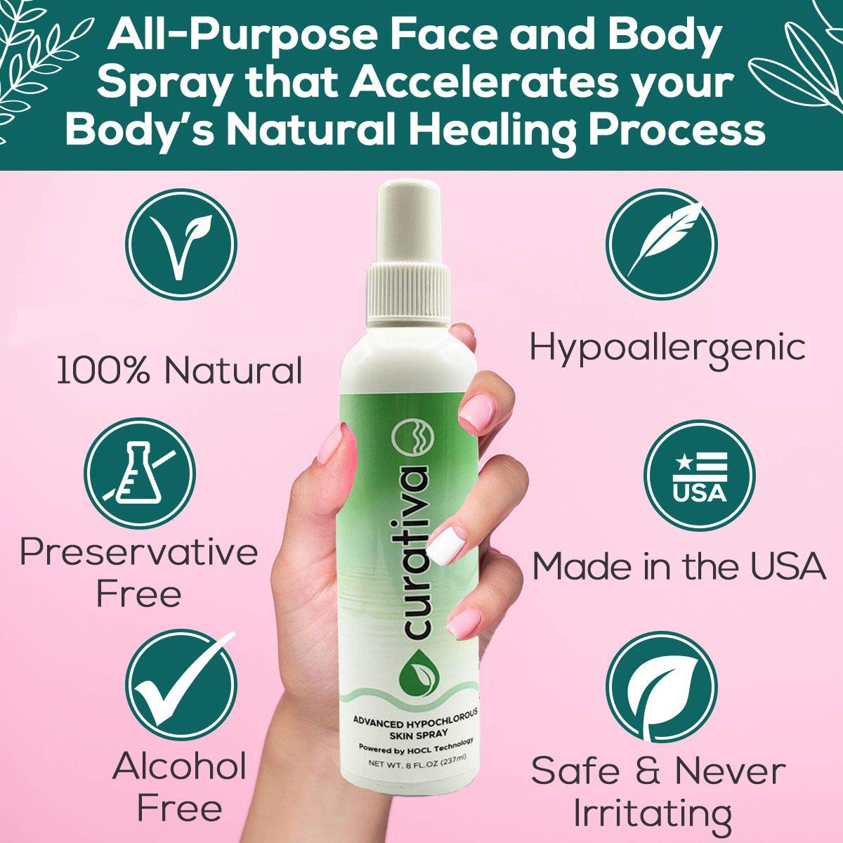 Curativa Bay Skin Spray organic label highlights natural, gentle formulation.