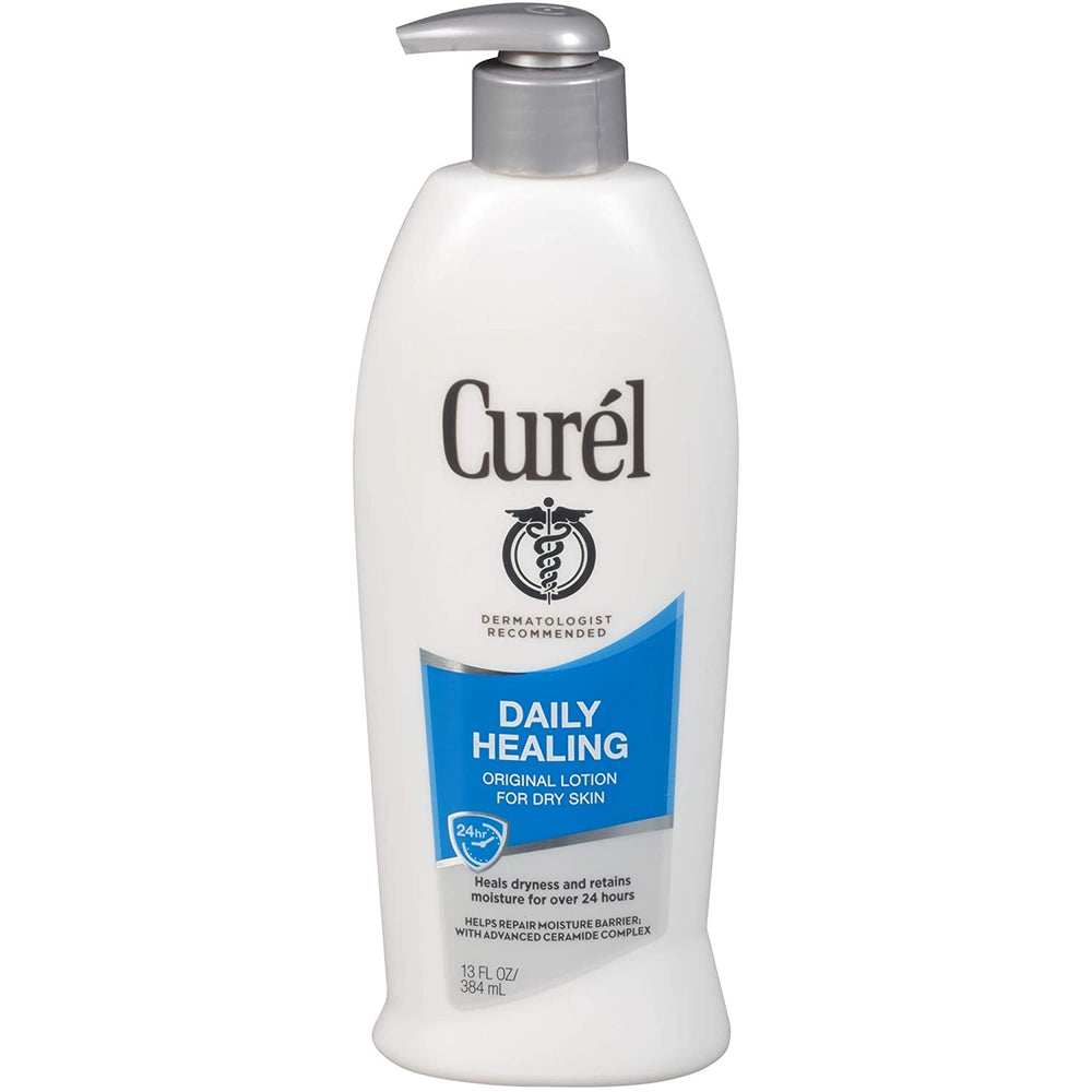 Curel Daily Healing Lotion bottle shows long-lasting moisture for dry skin.