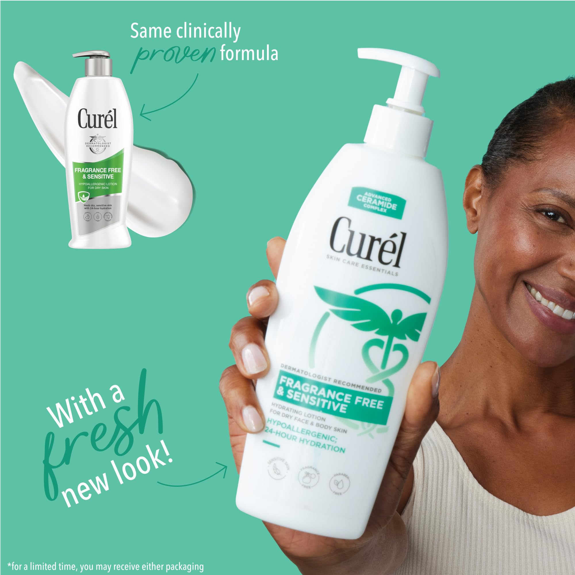 Curel fragrance free lotion outer-pack closeup signaling fragrance-free, dermatologist-recommended care.