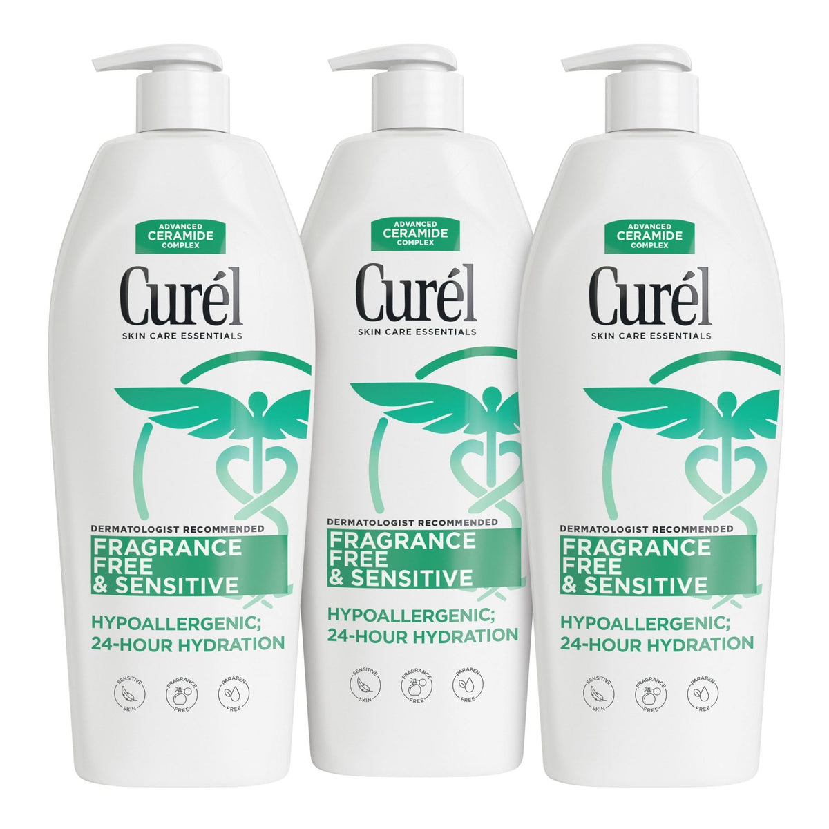 Curel fragrance free lotion pack-of-3 bottles delivering all-day hydration for dry, sensitive skin.