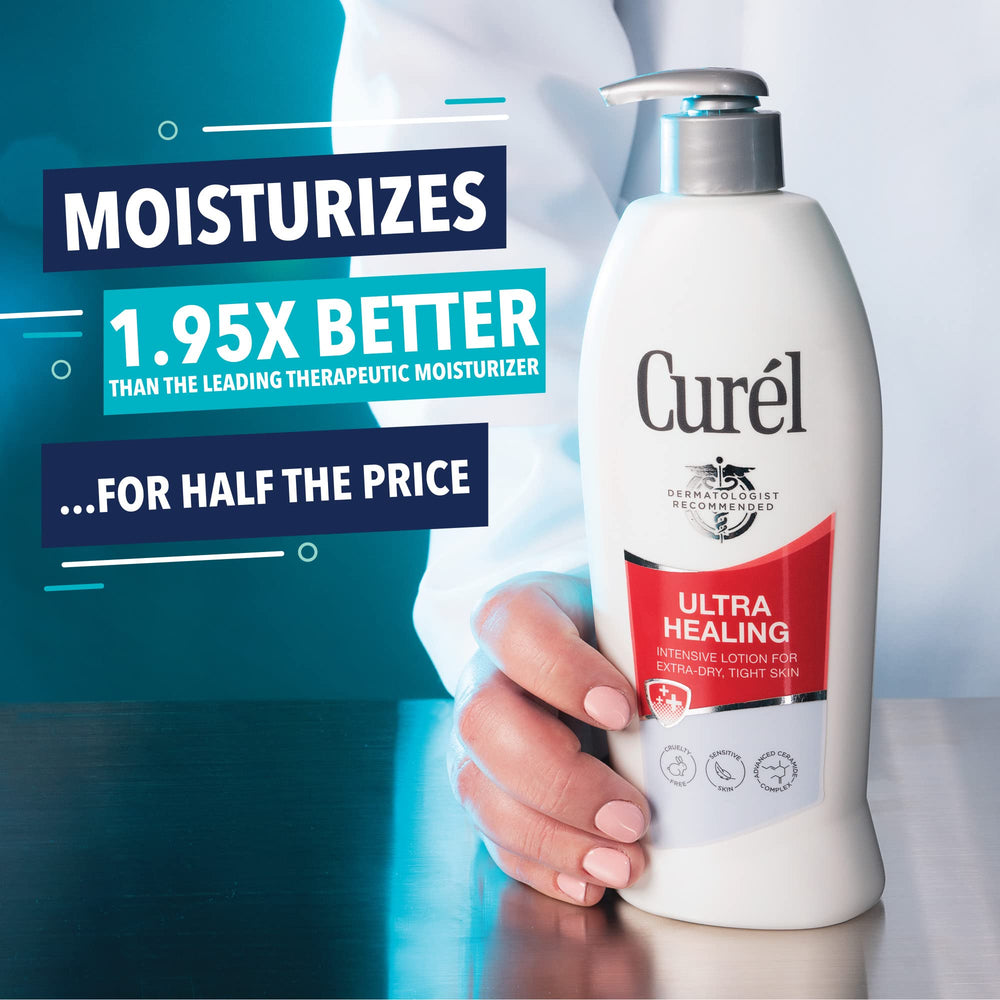 Curel Ultra Healing Lotion bottle front showcases brand for easy recognition.