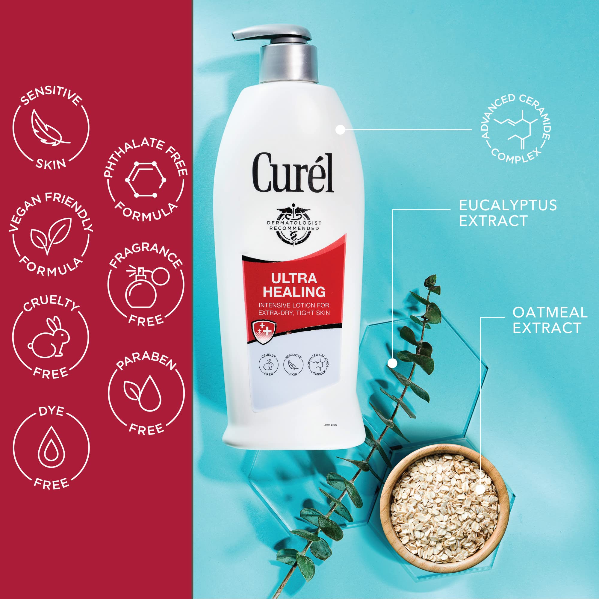 Curel Ultra Healing Lotion hand-application scene demonstrates quick absorption.