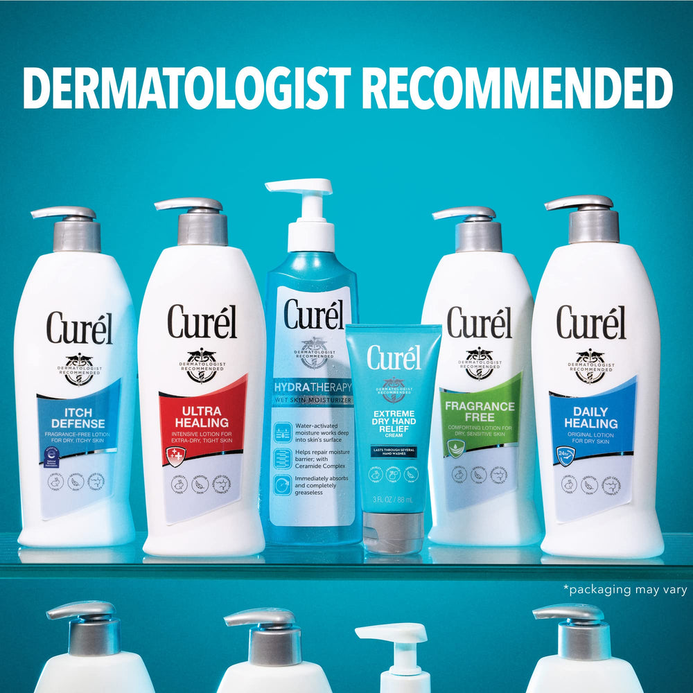 Curel Ultra Healing Lotion hand-application scene demonstrates quick absorption.