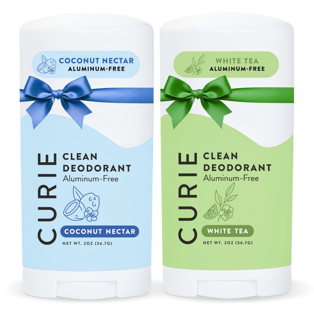 Curie aluminum-free deodorant coconut nectar white tea bottle for daily odor protection.