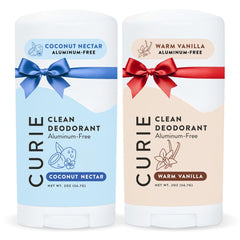 Curie deodorant bottle with Coconut Nectar and Warm Vanilla for long-lasting freshness.