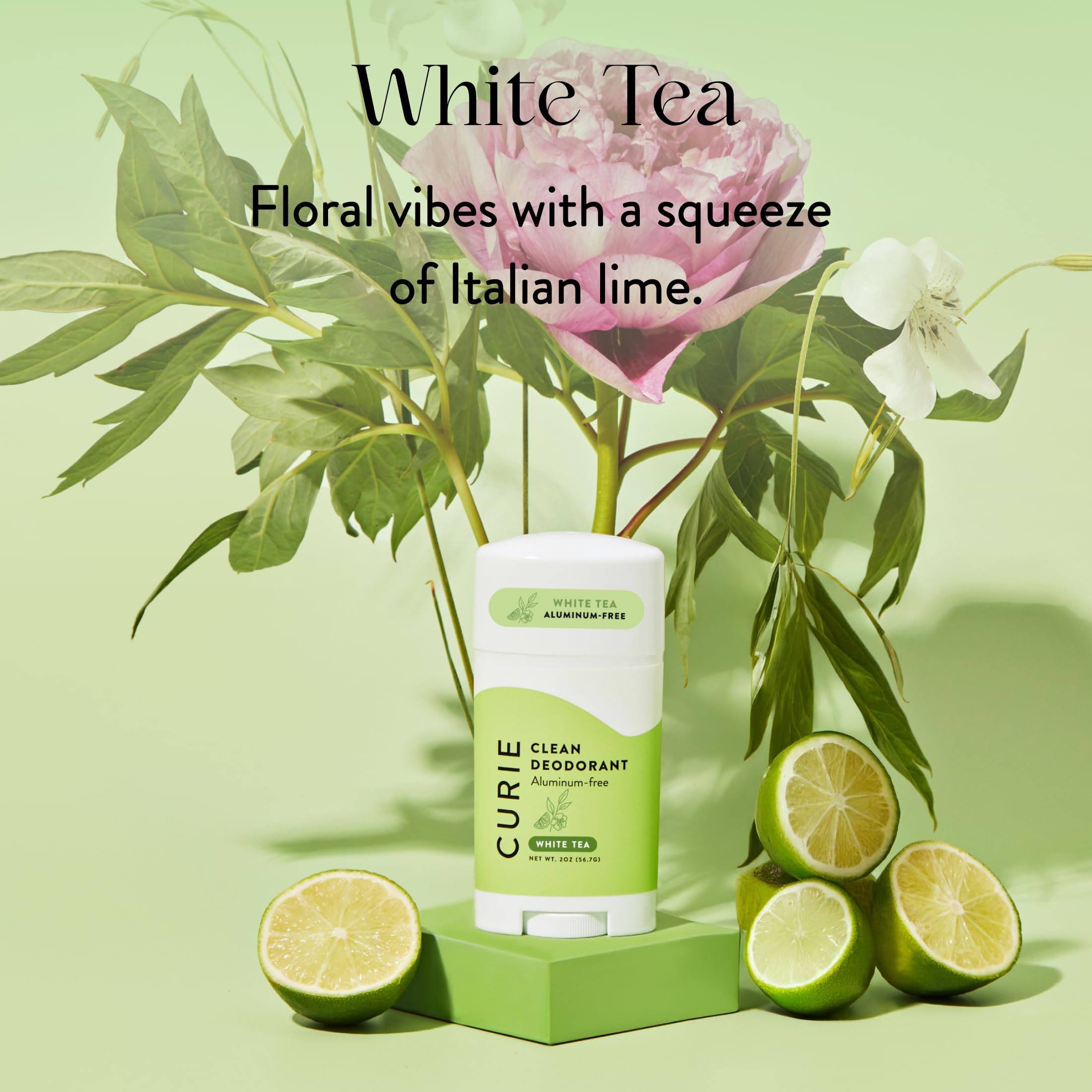Curie natural deodorant White Tea with fresh scent evokes morning routine.
