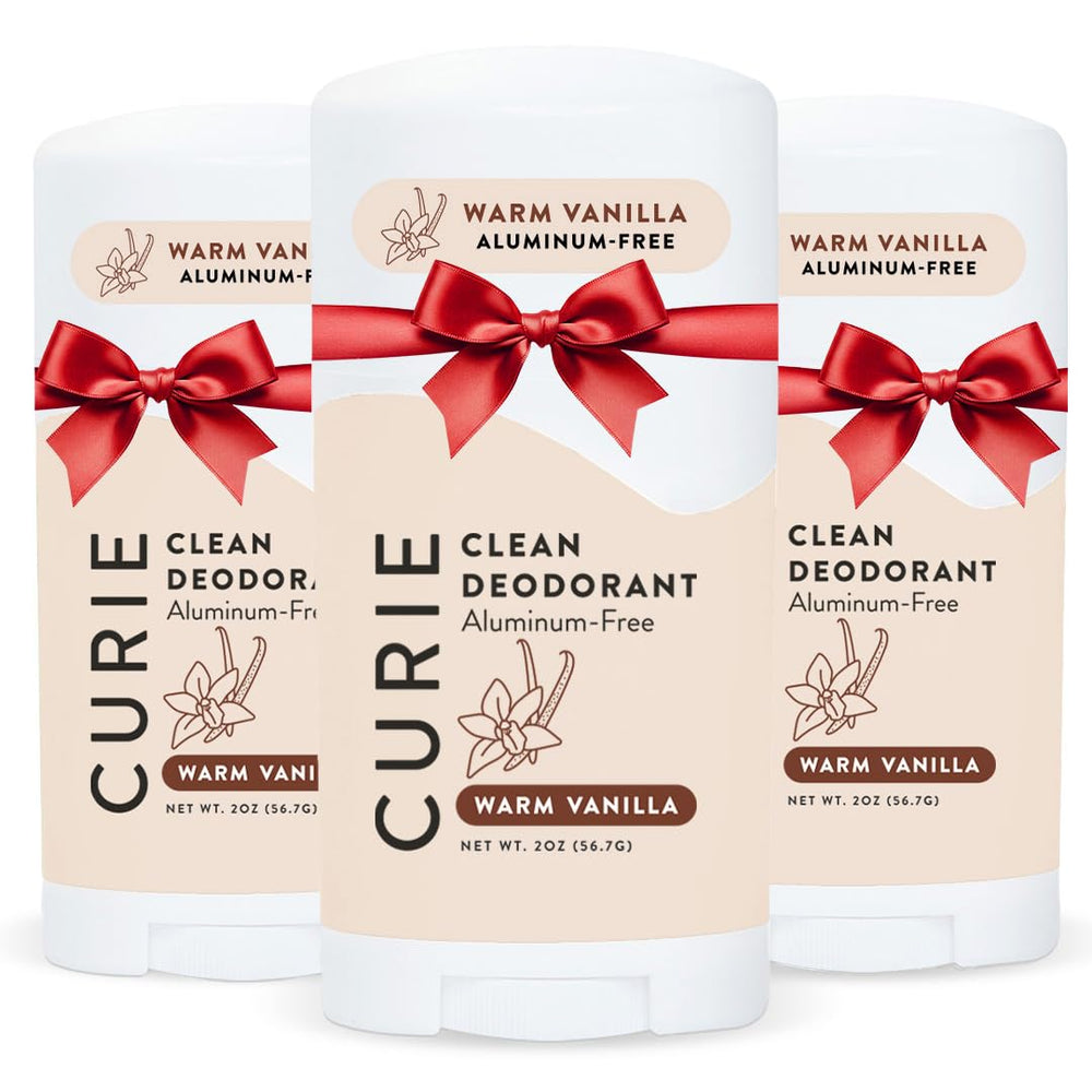 Curie Warm Vanilla deodorant packaging showcases eco-friendly design for sustainable daily use.