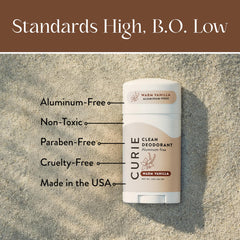 Curie Warm Vanilla deodorant stick close-up highlights creamy texture and skin-friendly formula.