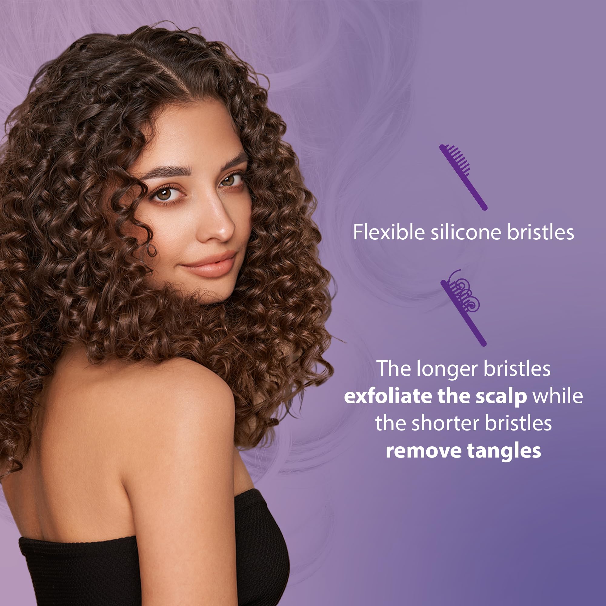 Curl Keeper Flexy Brush turquoise highlights flexible bristles for scalp care and detangling.