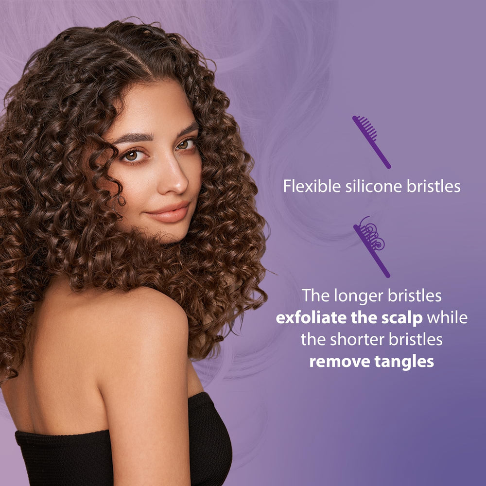 Curl Keeper Flexy Brush turquoise highlights flexible bristles for scalp care and detangling.