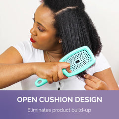 Curl Keeper Flexy Brush shows open cushion design that eases cleaning and buildup removal.