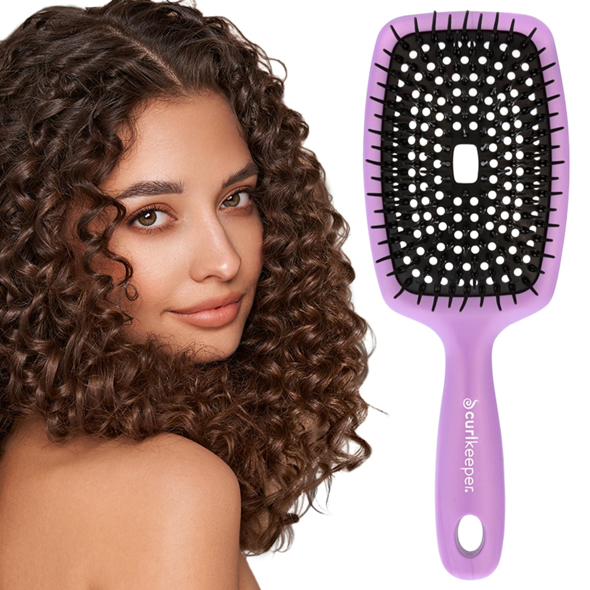 Curl Keeper Flexy Brush purple handle detangles curls in the shower.
