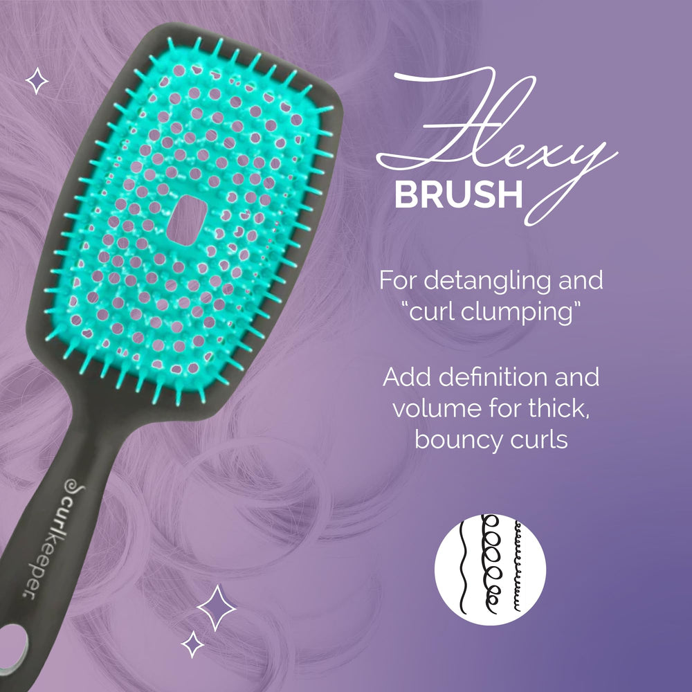 Curl Keeper Flexy Brush turquoise in shower for smooth detangling with conditioner.