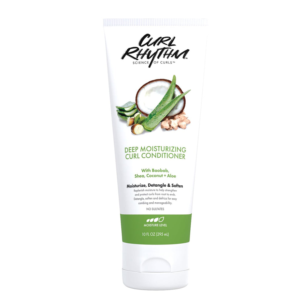 Curl Rhythm Deep Moisturizing Curl Conditioner bottle shows hydrated, manageable curls
