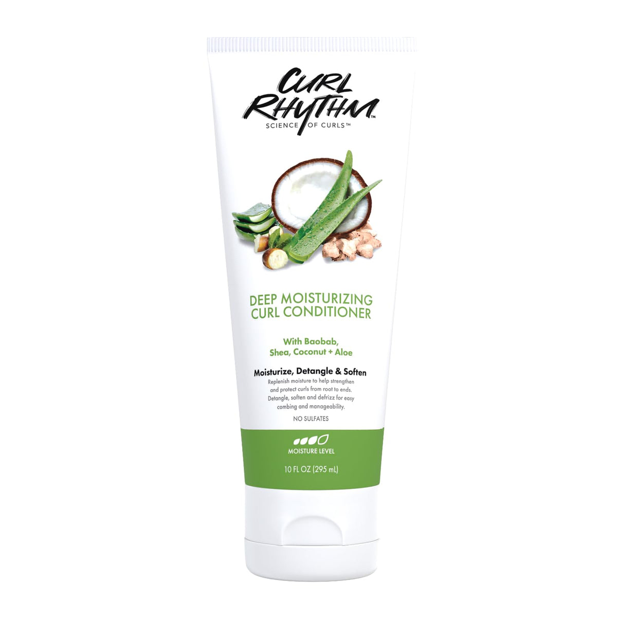 Curl Rhythm Deep Moisturizing Curl Conditioner bottle shows hydrated, manageable curls