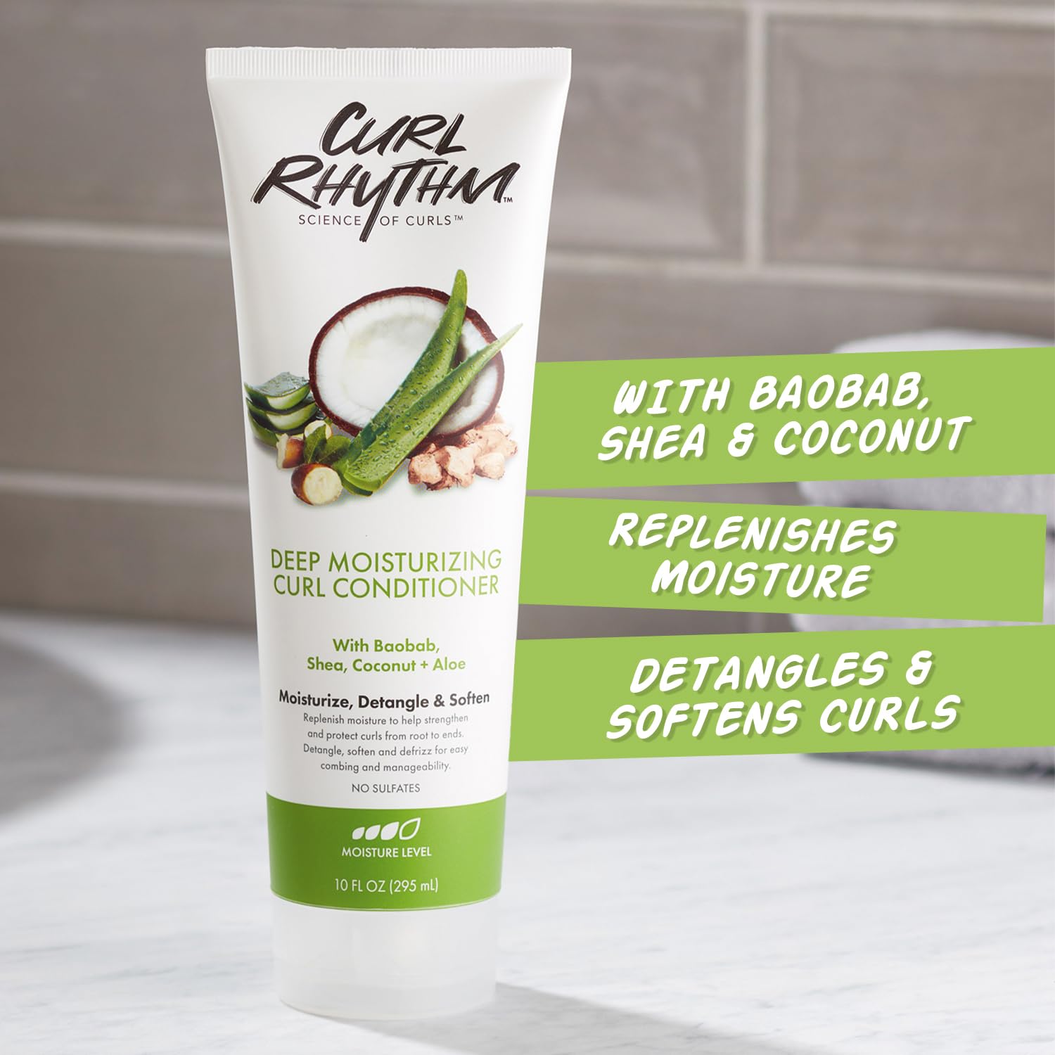 Curl Rhythm Deep Moisturizing Curl Conditioner application pump demonstrates detangled styling