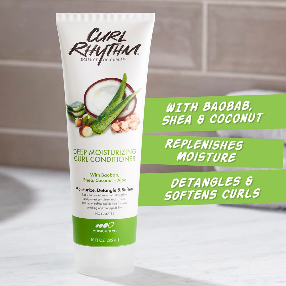 Curl Rhythm Deep Moisturizing Curl Conditioner application pump demonstrates detangled styling