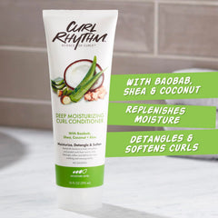 Curl Rhythm Deep Moisturizing Curl Conditioner application pump demonstrates detangled styling
