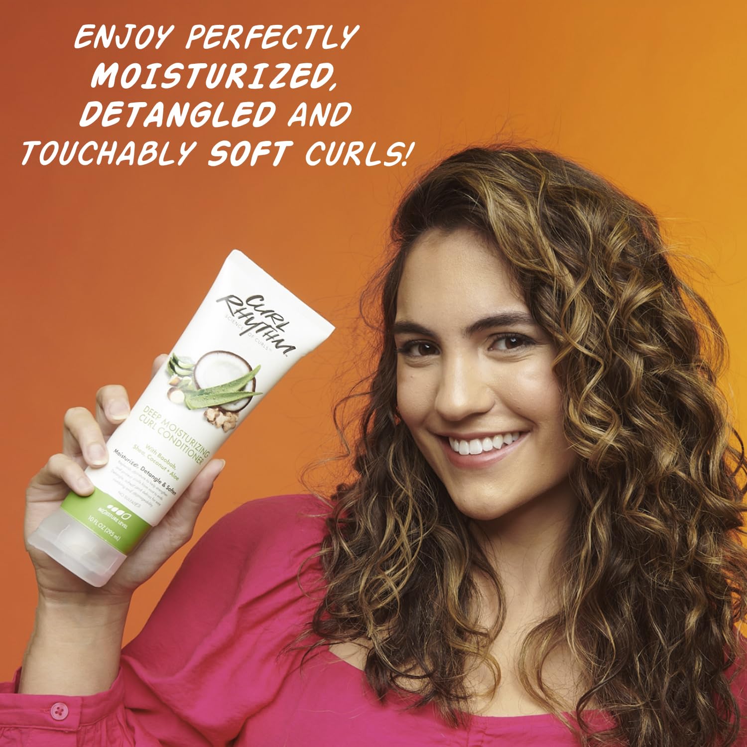 Curl Rhythm Deep Moisturizing Curl Conditioner jar highlights coconut and aloe benefits
