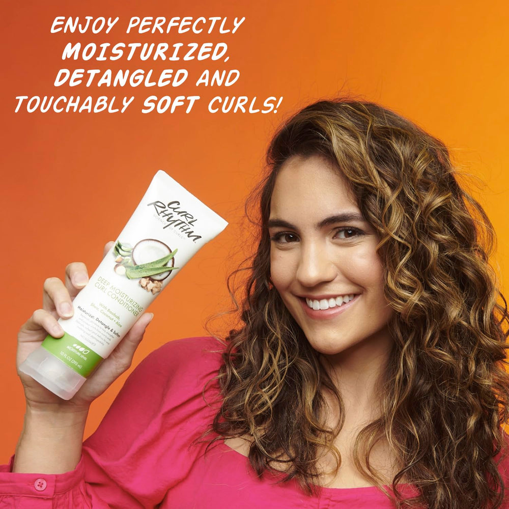 Curl Rhythm Deep Moisturizing Curl Conditioner jar highlights coconut and aloe benefits