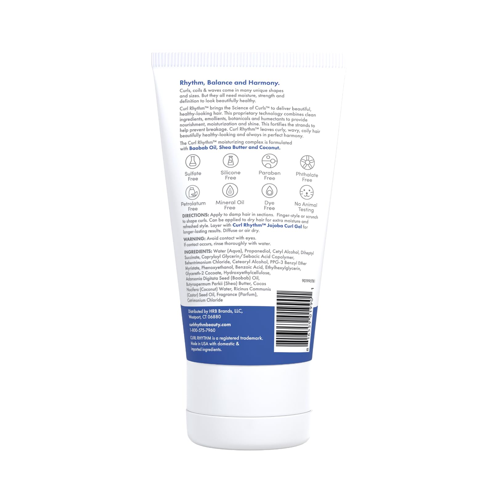 Curl Rhythm Defining Curl Cream packaging emphasizes natural ingredients like baobab and shea.