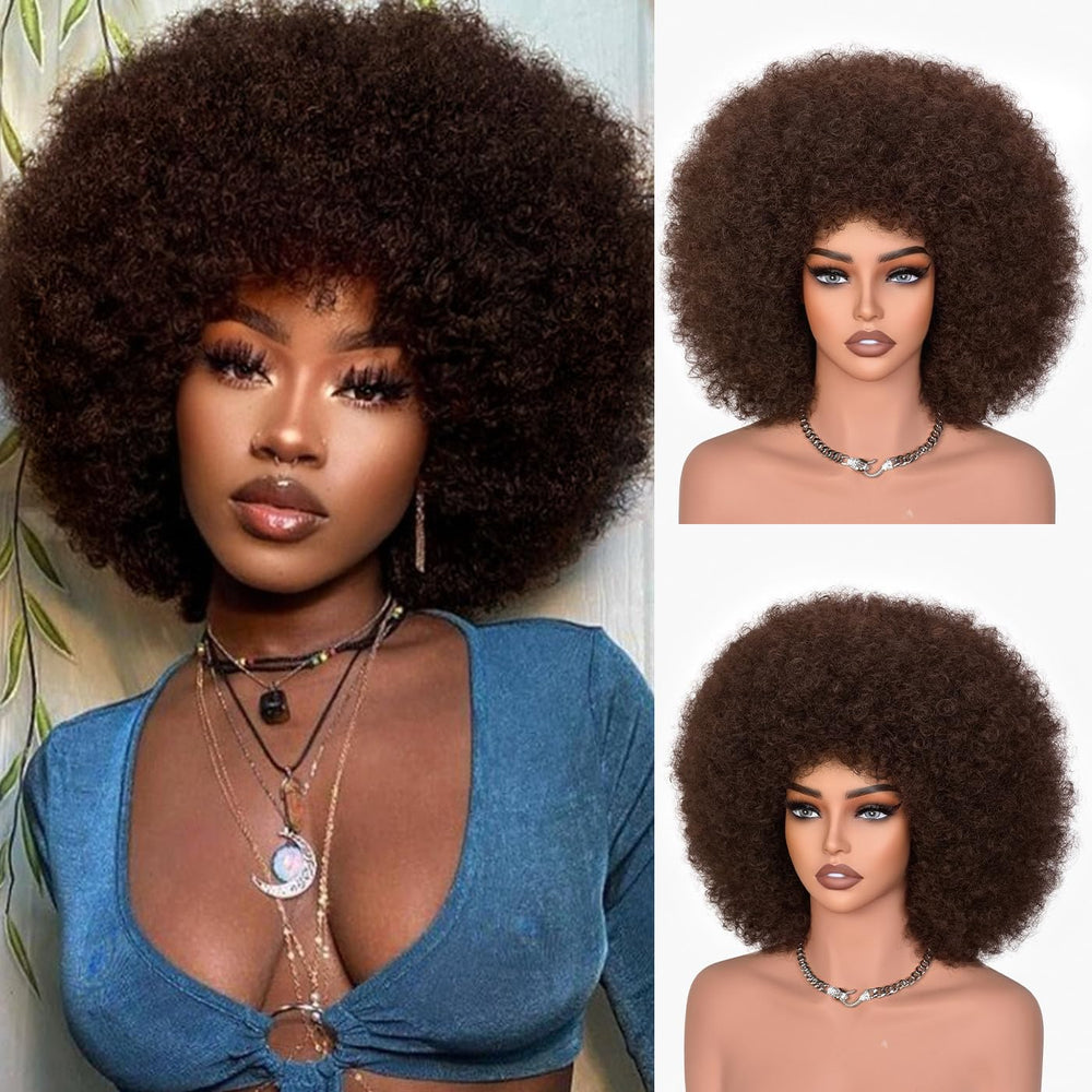CURLCRAZY Afro wig 70s kinky curly with bangs shows bold retro texture for daily wear.