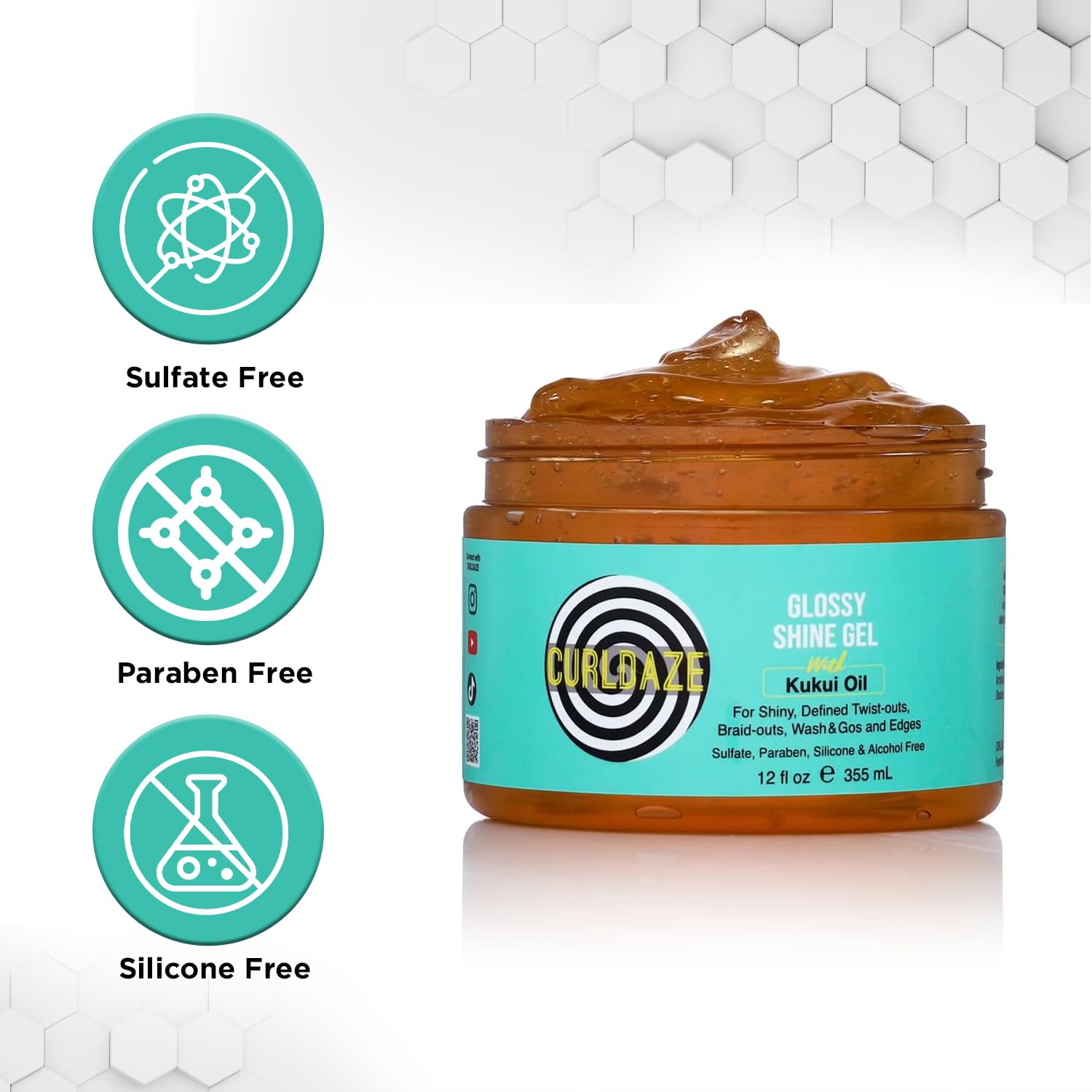 Curldaze Glossy Shine Gel frizz-control shot captures smooth edges and glossy finish.