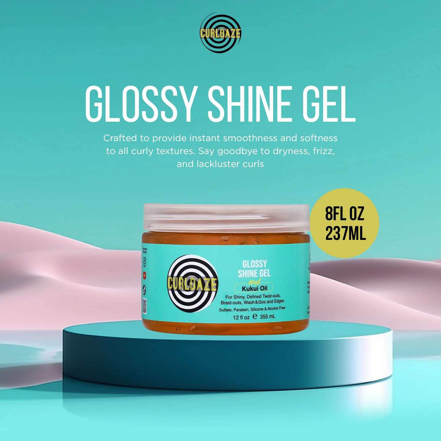 Curldaze Glossy Shine Gel application close-up shows easy definition with Kukui Oil.