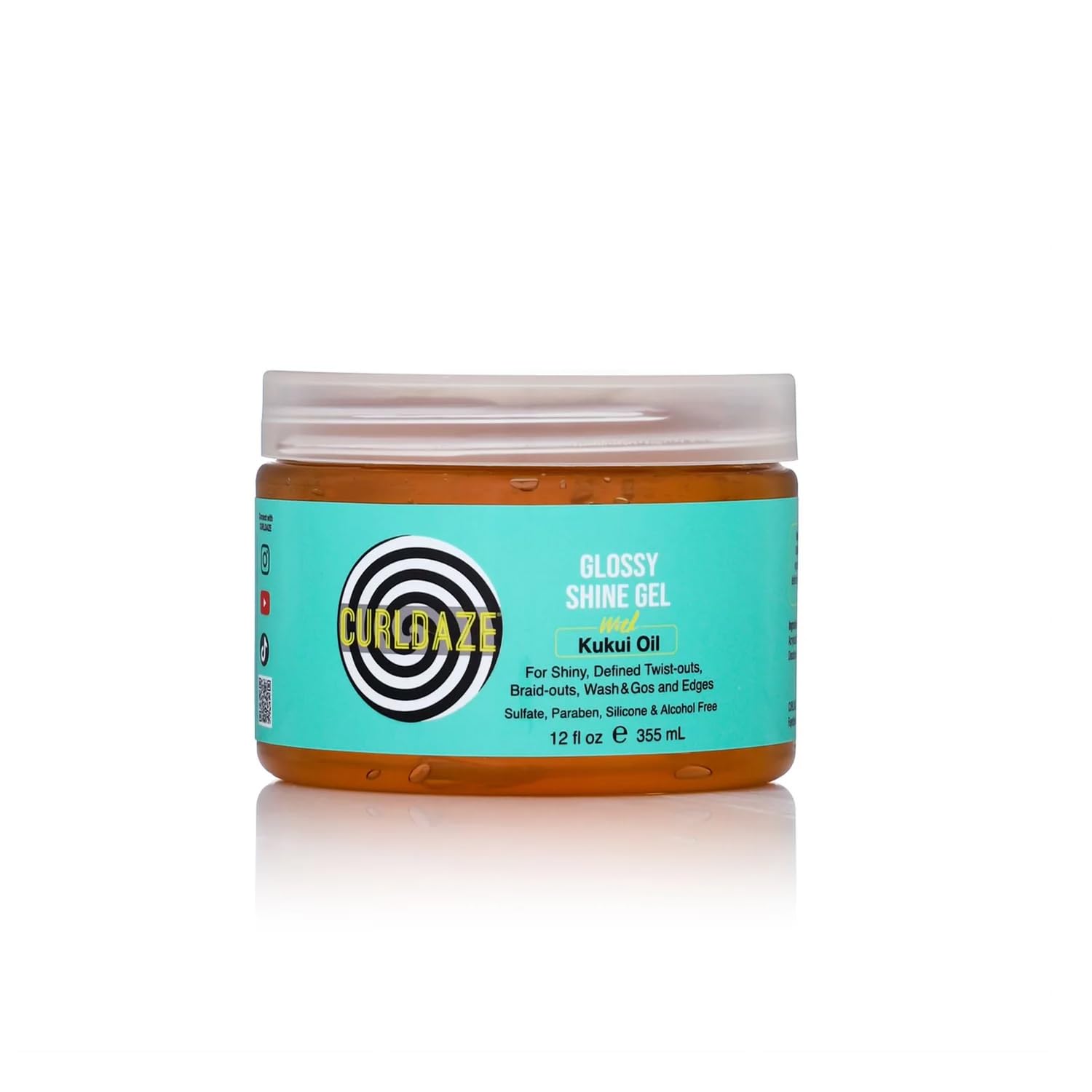 Curldaze Glossy Shine Gel Kukui Oil bottle highlights hydration and radiant curl shine.