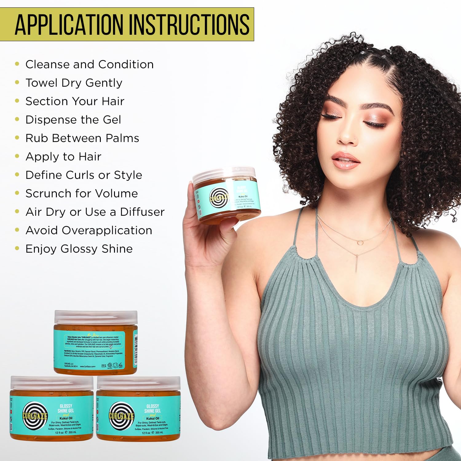 Curldaze Glossy Shine Gel shine finish on hair reveals bright, healthy-looking results.