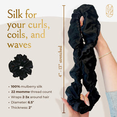 Curlfriend Collective curly hair styling with silk scrunchie for all-day defined curls.