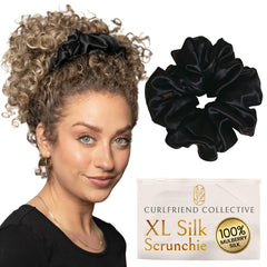Curlfriend Collective oversized silk scrunchie on ponytail for secure curl-holding.