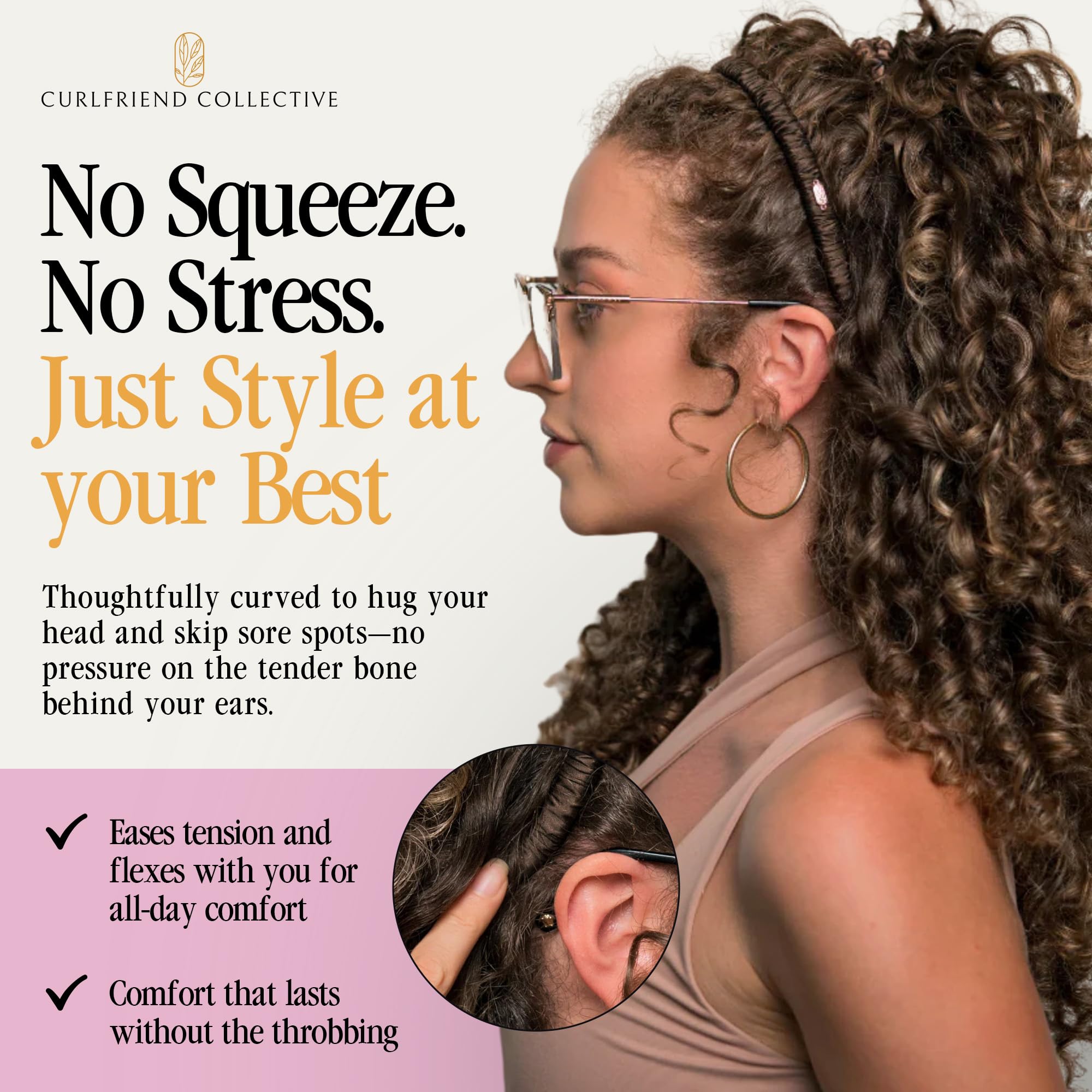 Curlfriend Collective Espresso Comfort Curve Silk Headband with glasses shows glasses-friendly design for comfortable wear.