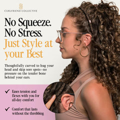Curlfriend Collective Espresso Comfort Curve Silk Headband with glasses shows glasses-friendly design for comfortable wear.