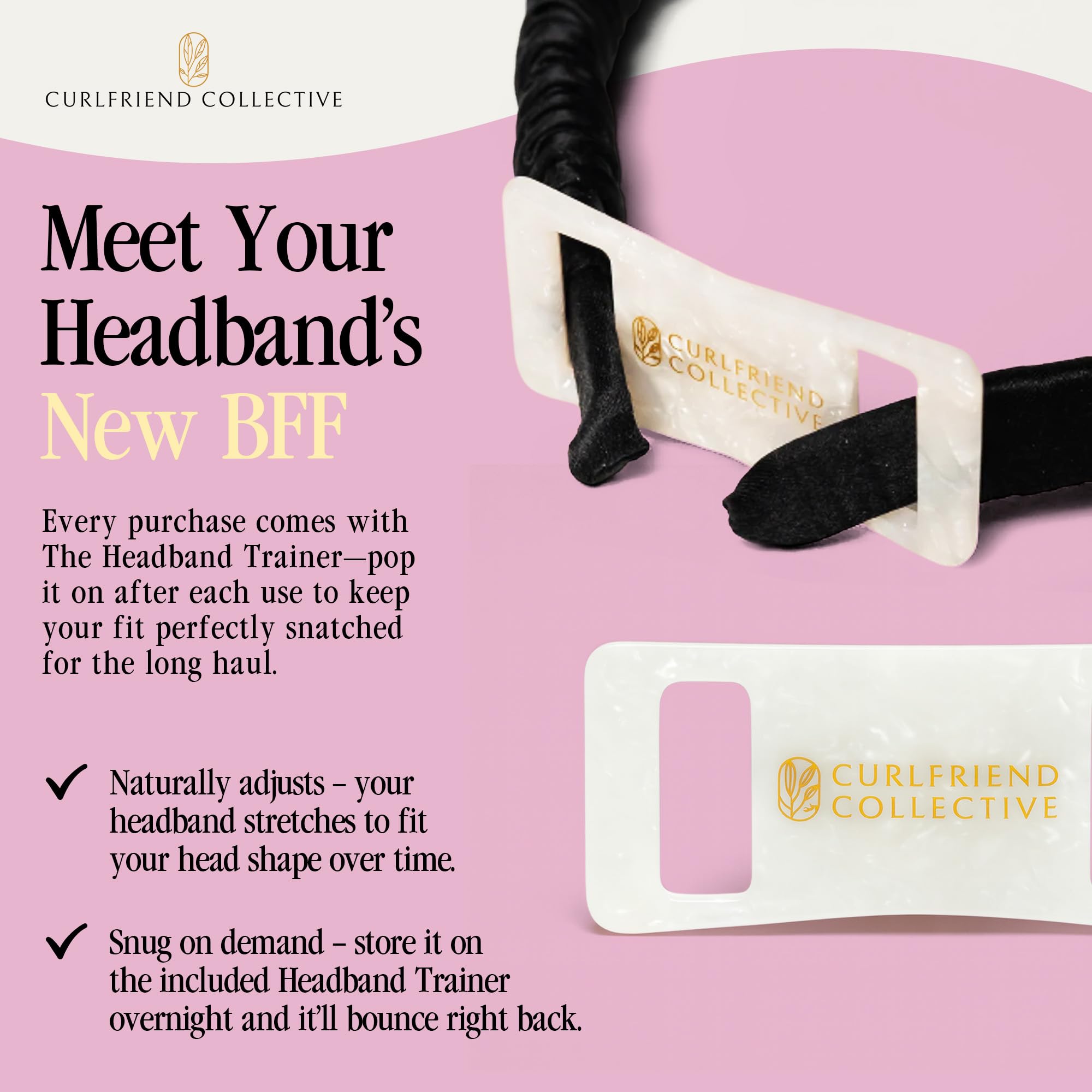 Curlfriend Collective Espresso Comfort Curve Silk Headband lifestyle image emphasizes elegant everyday styling.