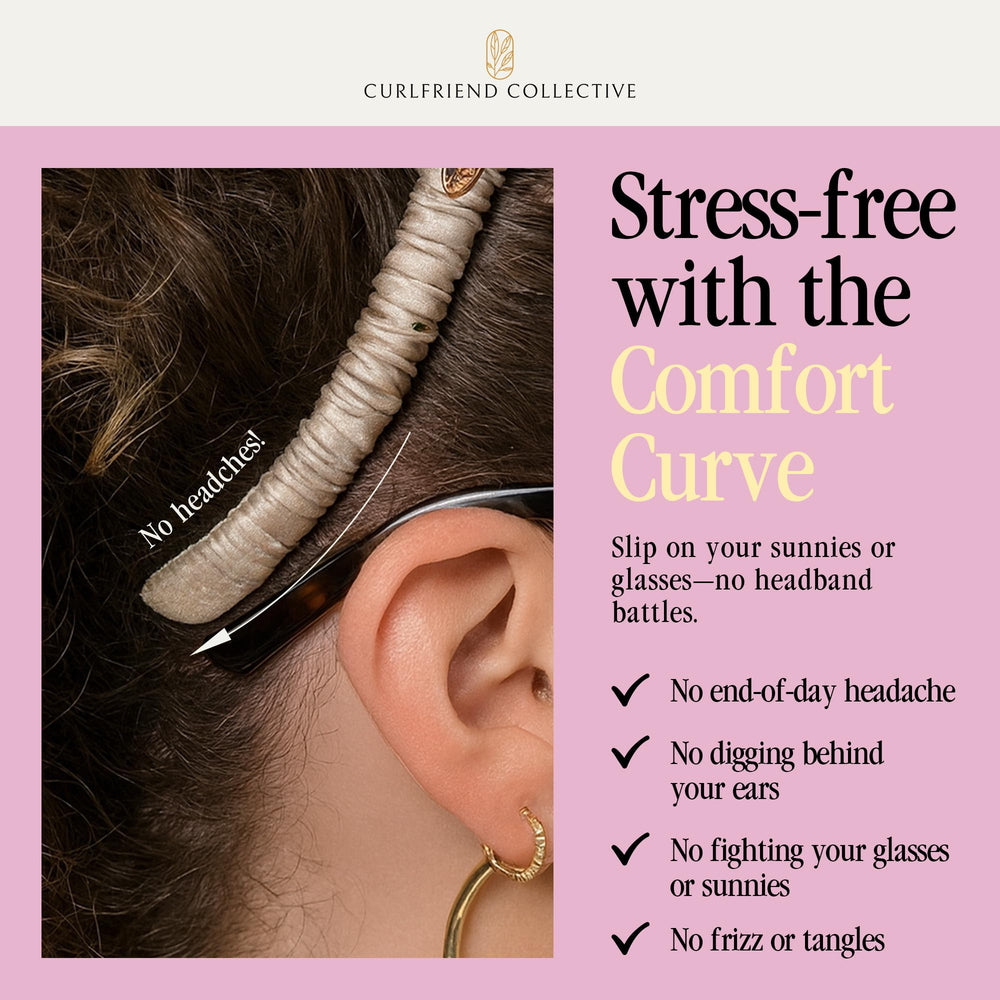Curlfriend Collective Espresso Comfort Curve Silk Headband trainer included highlights shape preservation benefits.