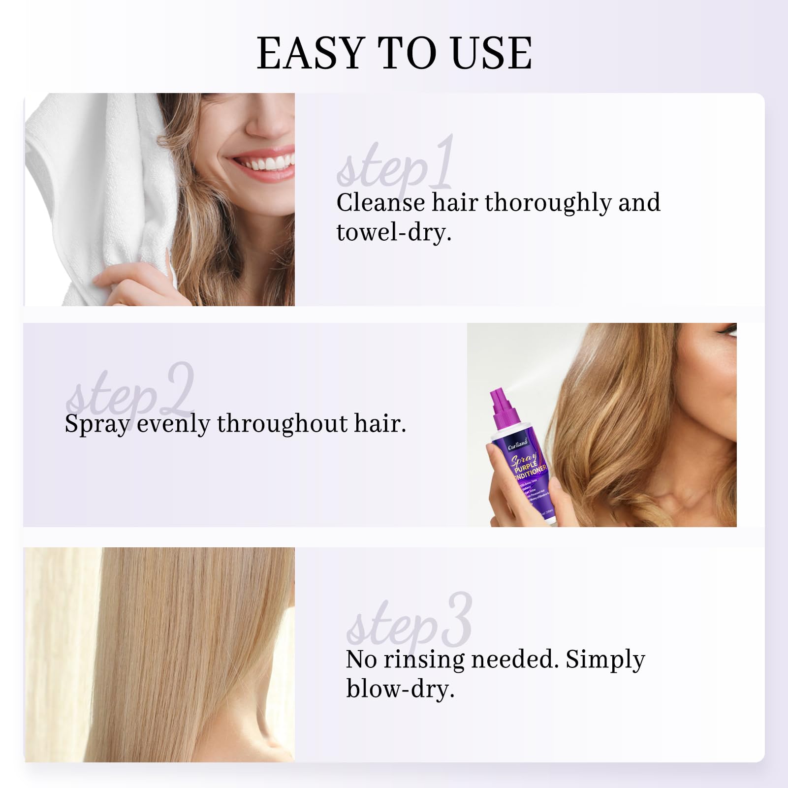 Curlland purple conditioner spray easy no-rinse application for on-the-go styling