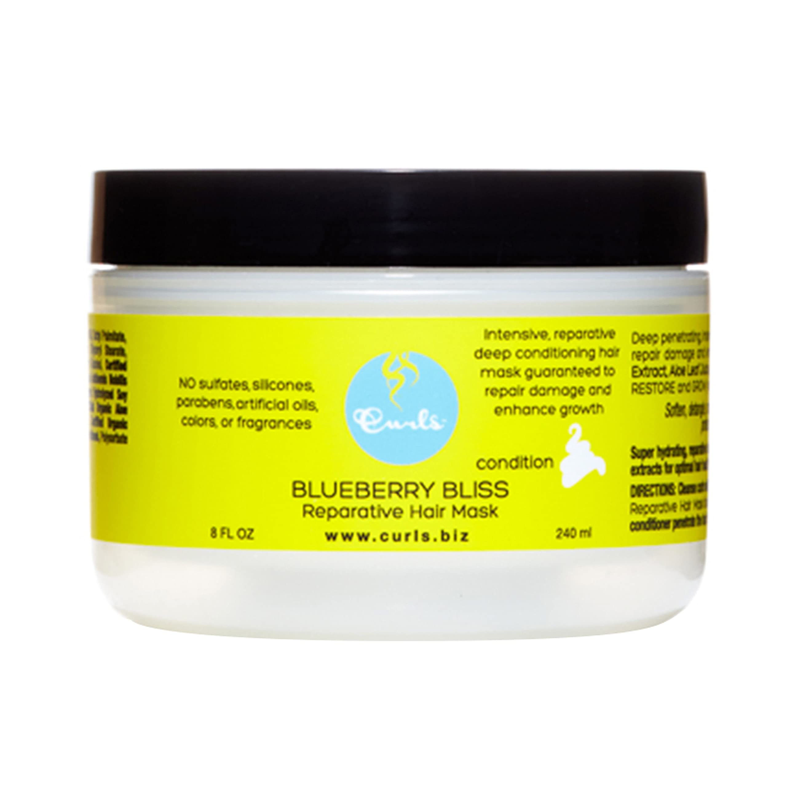 Curls Blueberry Bliss Hair Mask bottle—deep conditioning for curly hair.