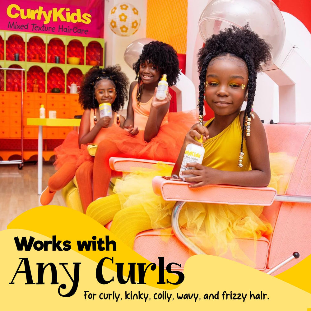 CurlyKids Detangle Conditioner smoothing application reduces frizz for curly hair