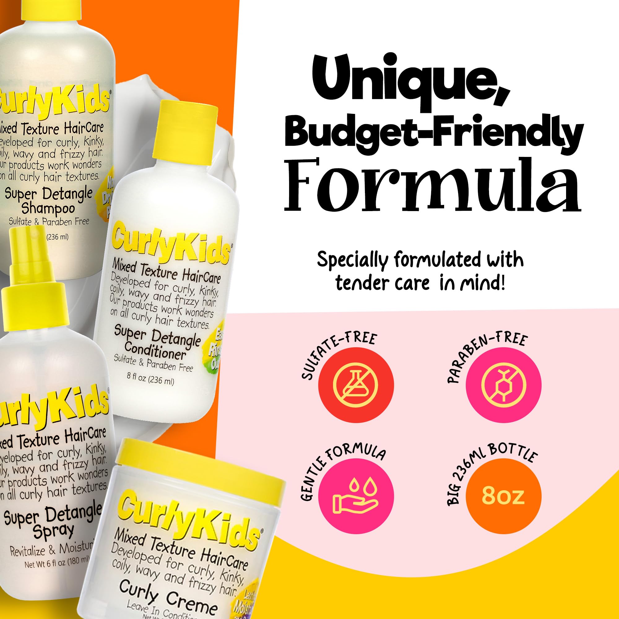 CurlyKids detangler conditioner bottle highlights frizz control and shine for soft curls