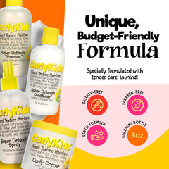 CurlyKids detangler conditioner bottle highlights frizz control and shine for soft curls