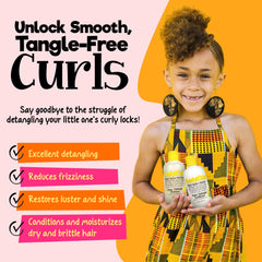 CurlyKids Super Detangle Conditioner bottle demonstrates knot-free detangling for softer curls