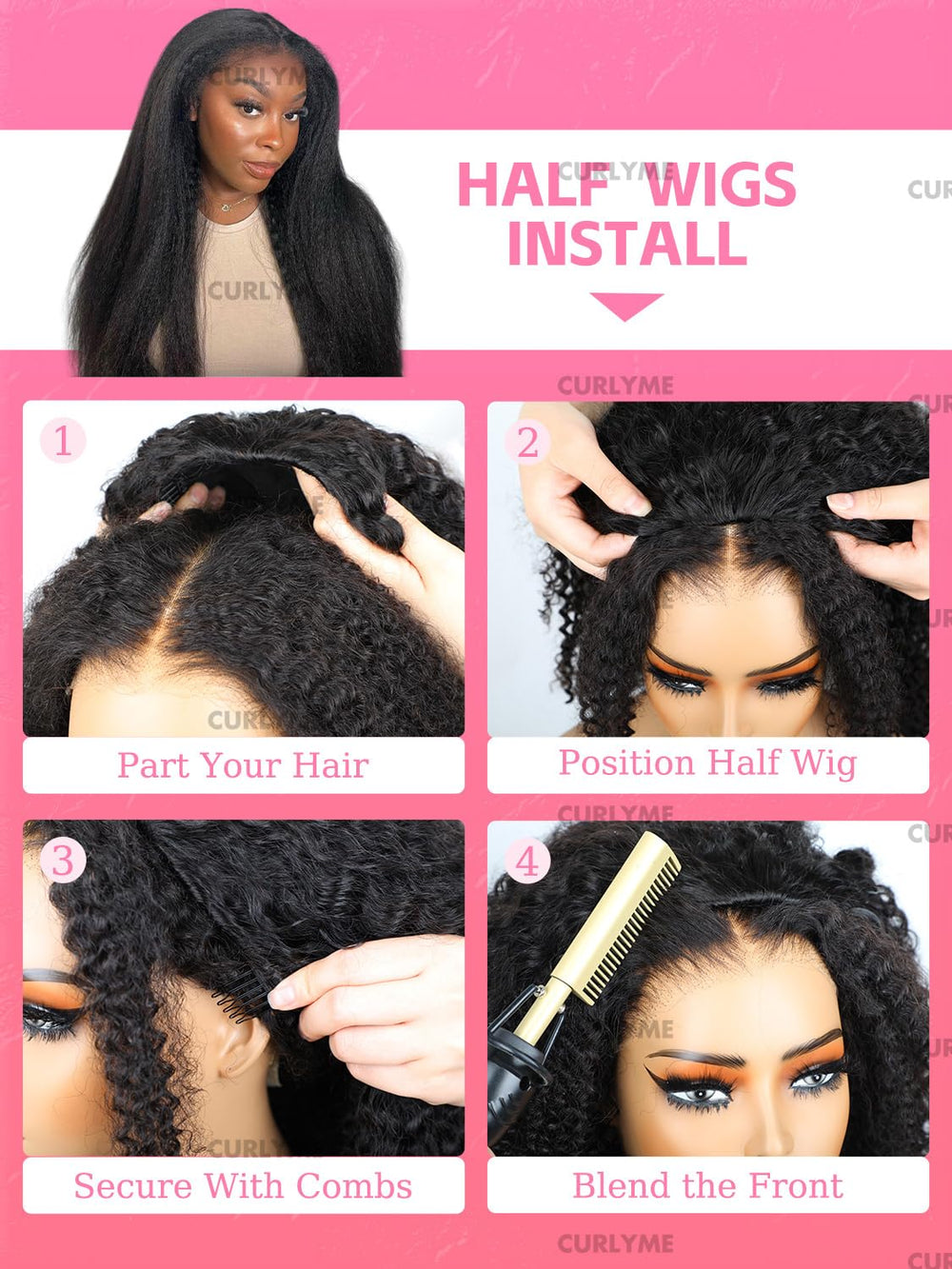 Curlyme drawstring half wig kinky straight clip-in feel with light blending