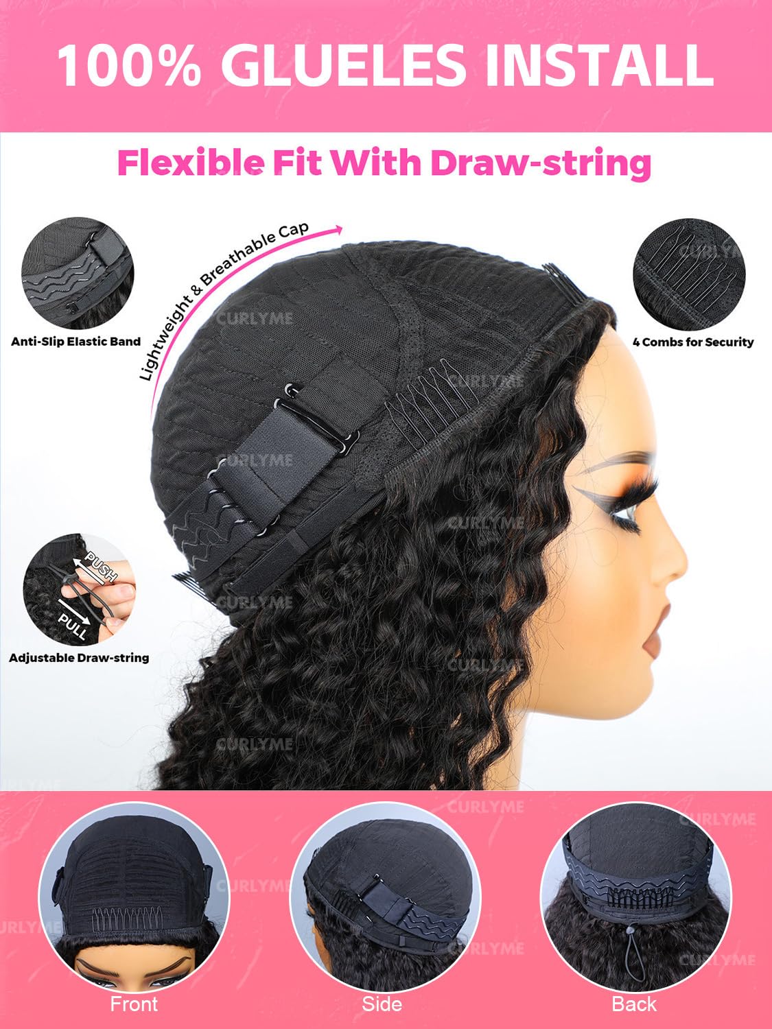 Curlyme drawstring half wig kinky straight drawstring-cap secure-fit demonstration