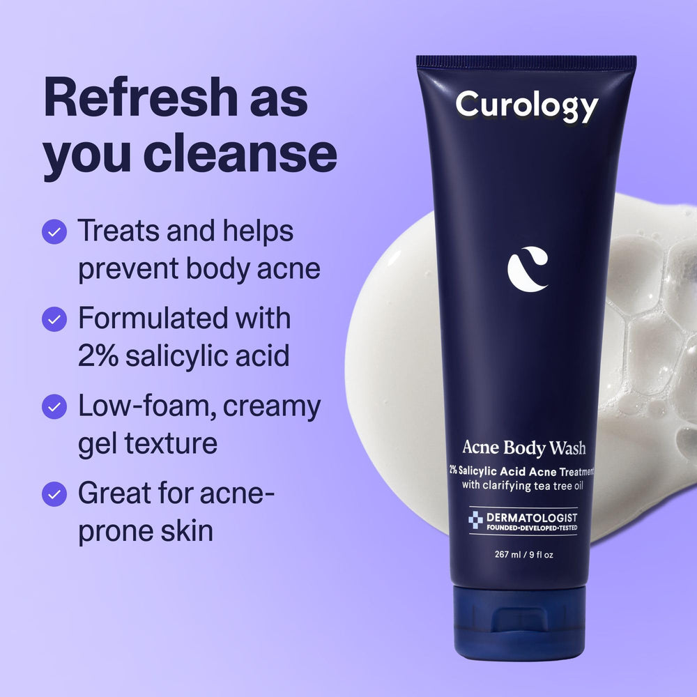Curology Acne Body Wash bottle showcases tea tree oil and clear 2% salicylic acid benefits