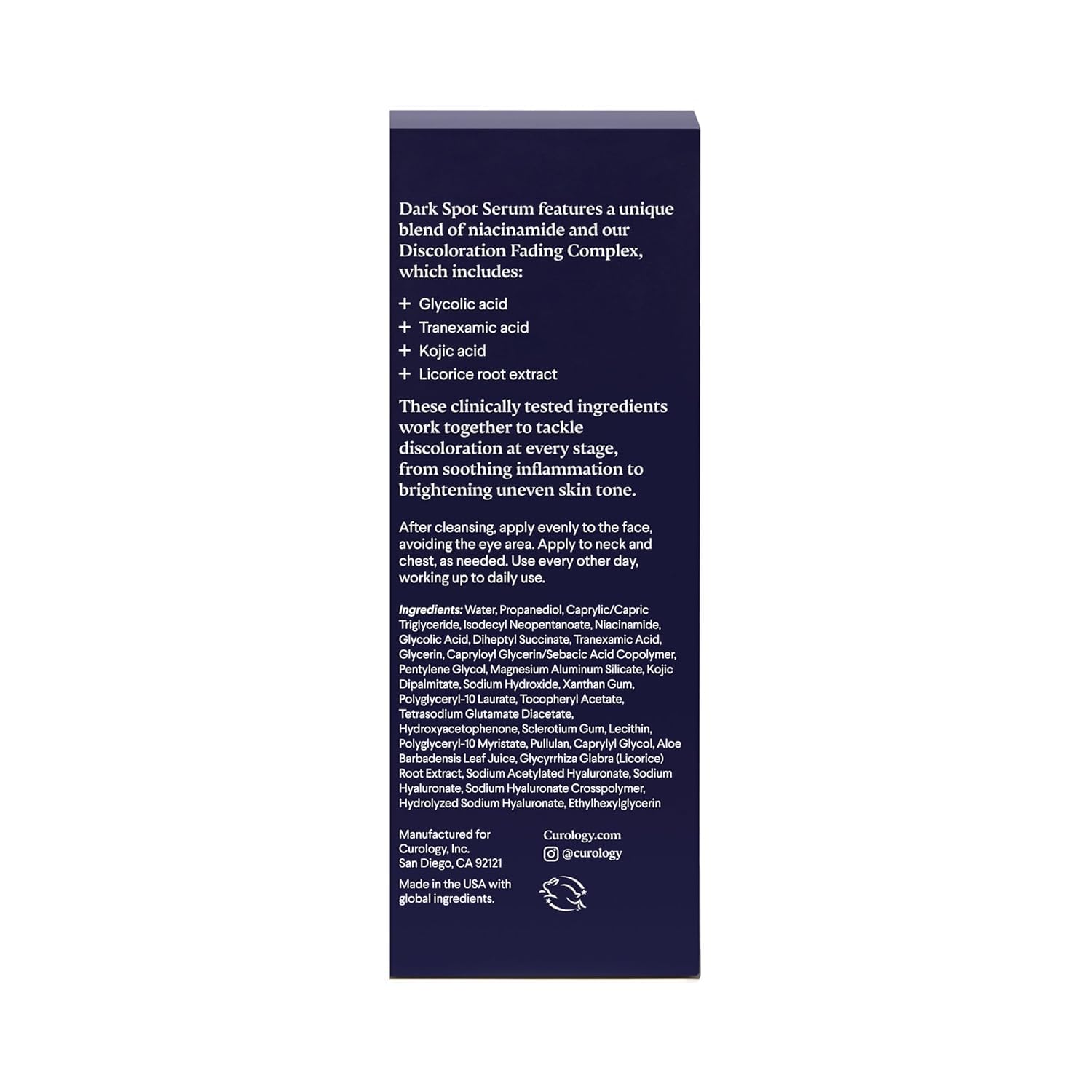 Vegan and cruelty-free badge on Curology Dark Spot Serum reflects ethical skincare.
