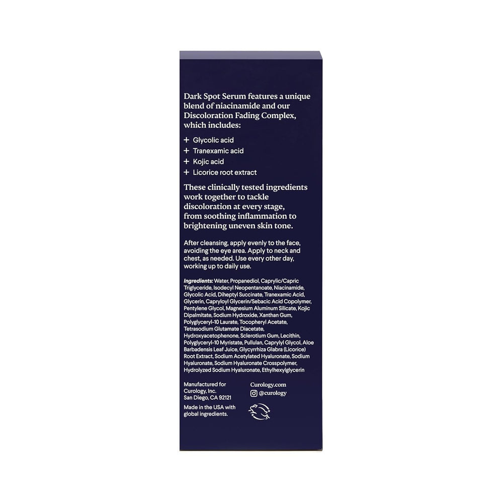 Vegan and cruelty-free badge on Curology Dark Spot Serum reflects ethical skincare.